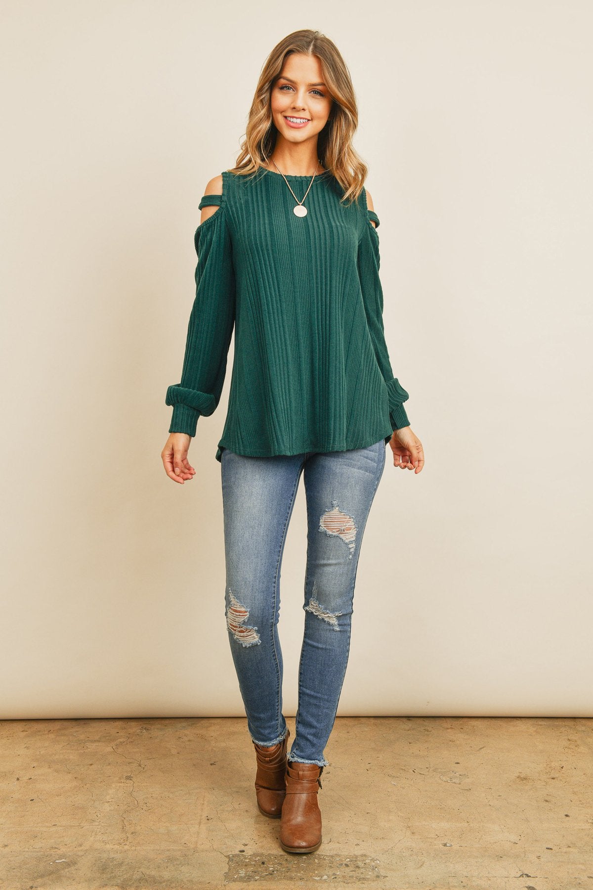 Riah Fashion - Ladder Open Shoulder Long Sleeved Rib Detail Top - 4 COLORS -