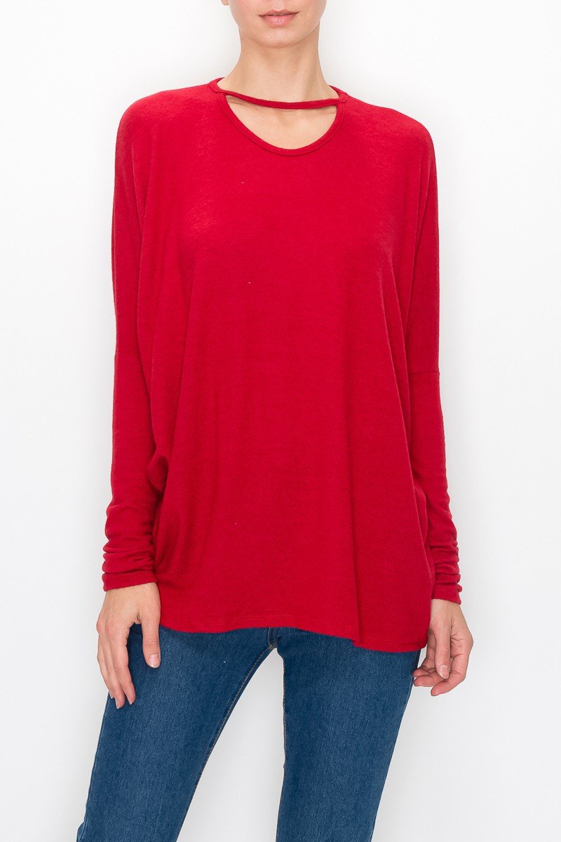 Stylespect - Cutout Front Long Sleeve Top - Red - 1 COLOR -