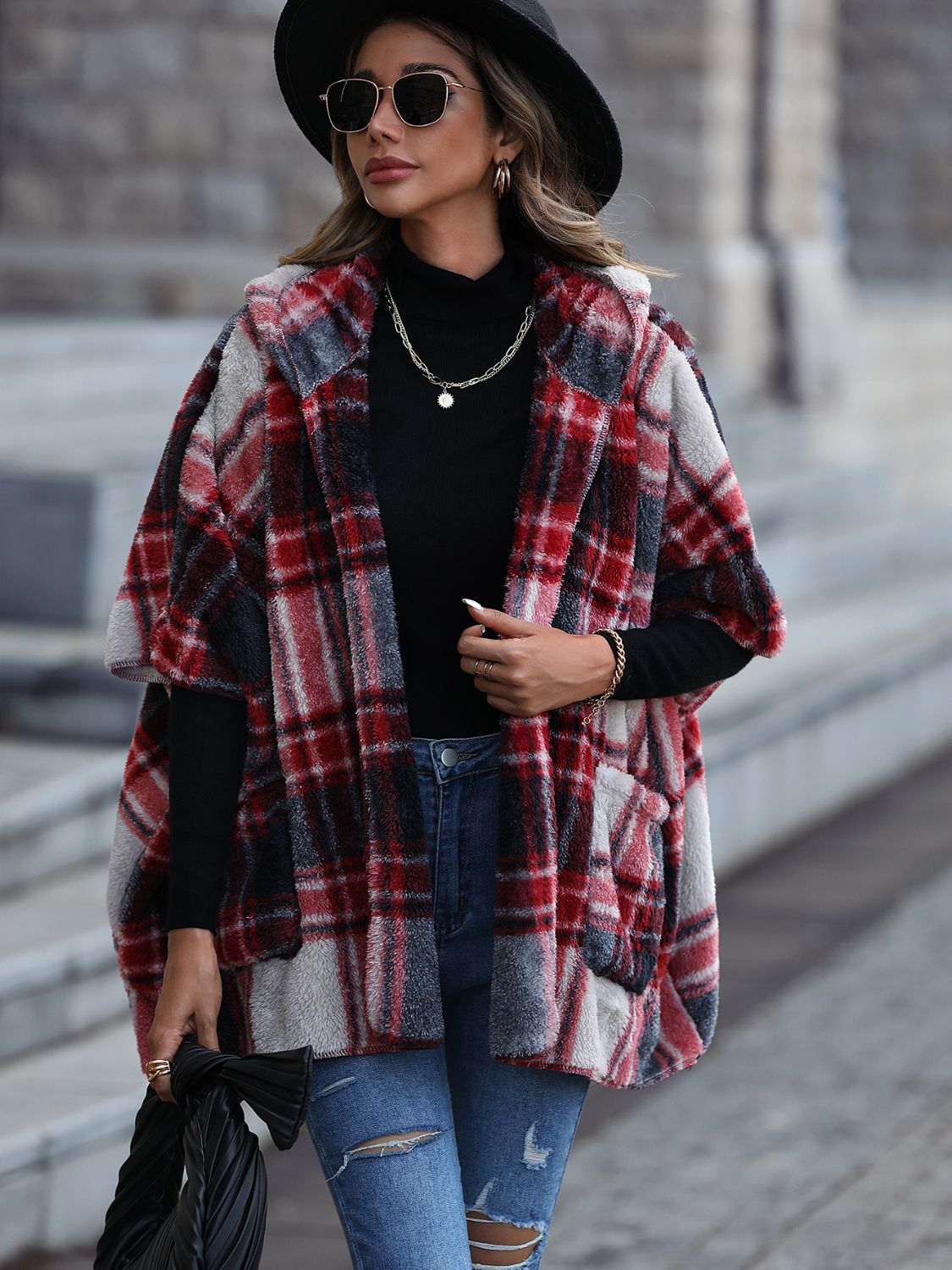 Plaid Hooded Coat with Pockets - T - 1 COLOR -