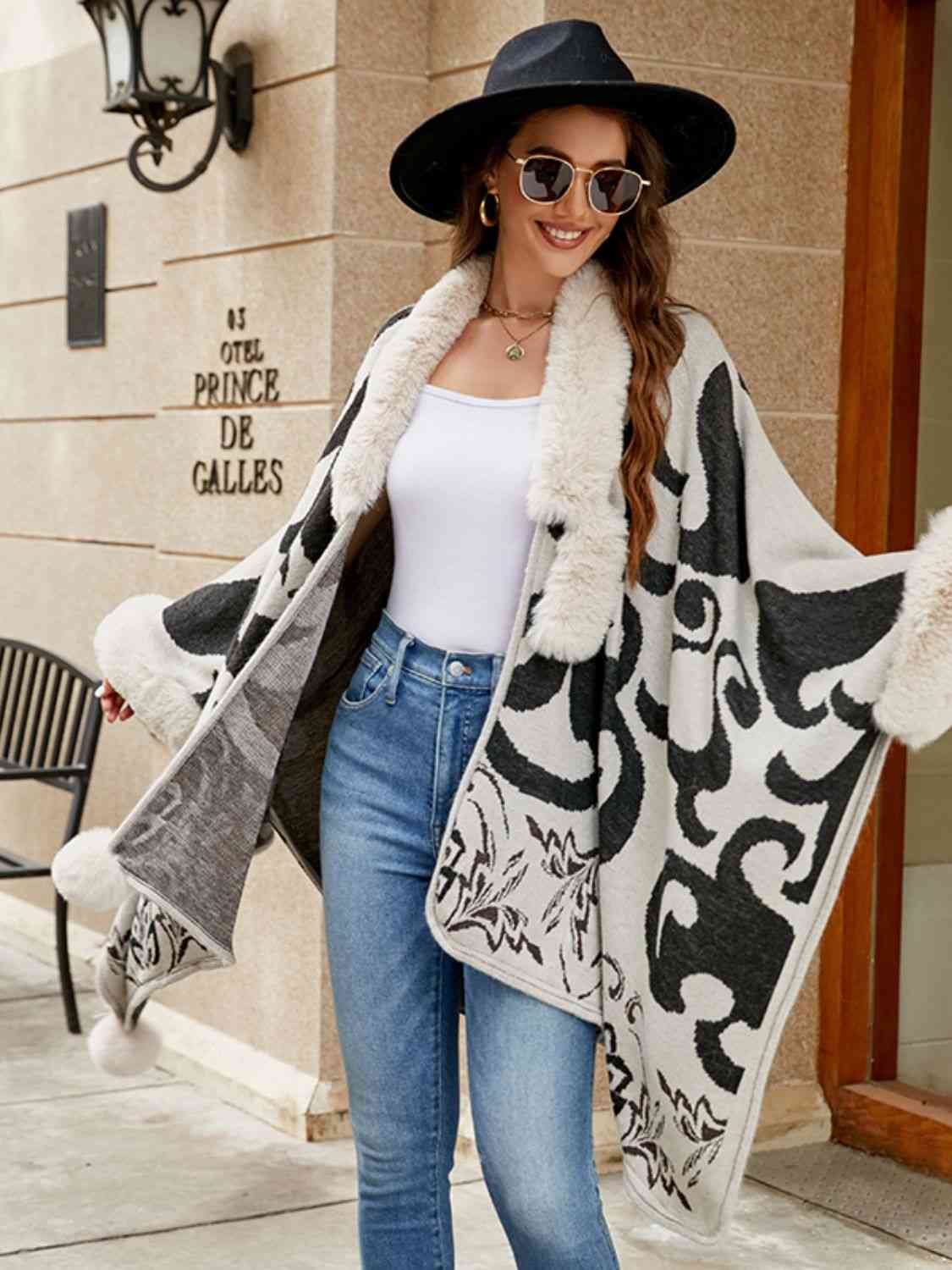 Faux Fur Trim Poncho - T - 5 COLORS -