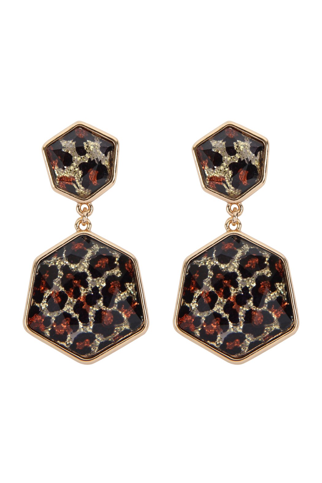 Glitter Gold Leopard Hexagon Post Dangle Earrings - 4 COLORS -