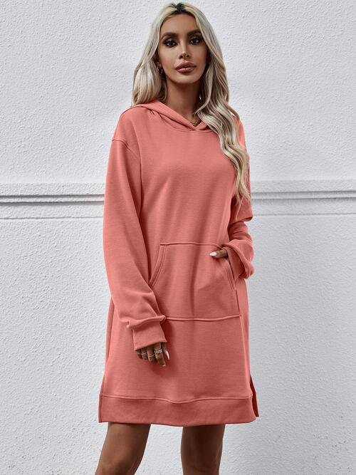 Slit Long Sleeve Hooded Dress with Pocket - T - 9 COLORS -