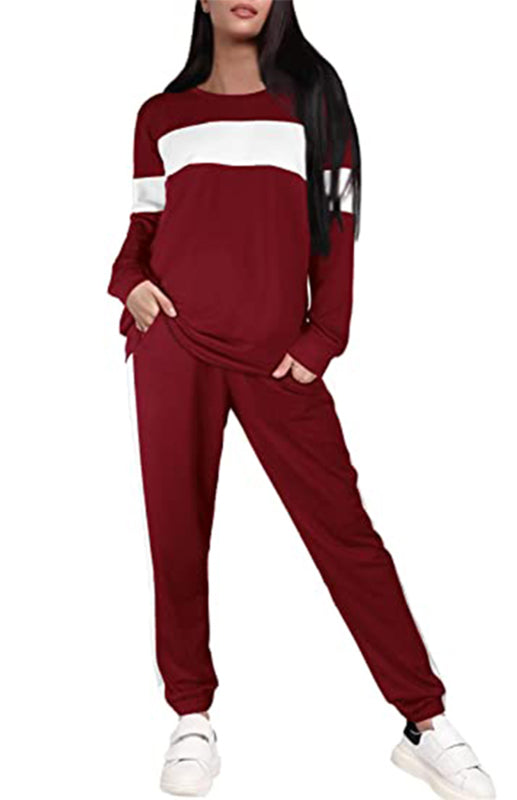 Women's Fashion Loose Casual Round Neck Striped Colorblock Sweater Suit - K - 2 PC. SET - 5 COLORS -