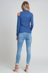 Thumbnail for Q2 - Blue Sweater With One Open Shoulder and High Neck - 1 COLOR -