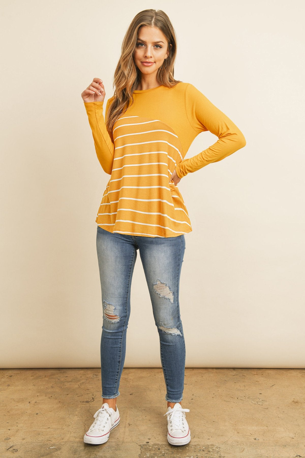 Riah Fashion - Solid Stripe Contrast Color Block Top - 4 COLORS -