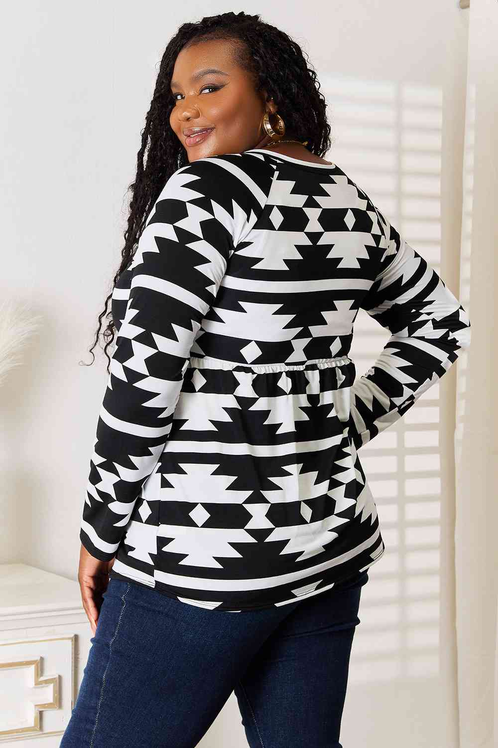 Heimish Full Size Geometric Notched Neck Long Sleeve Top - SIZES S THRU 3XL - T - 1 COLOR -