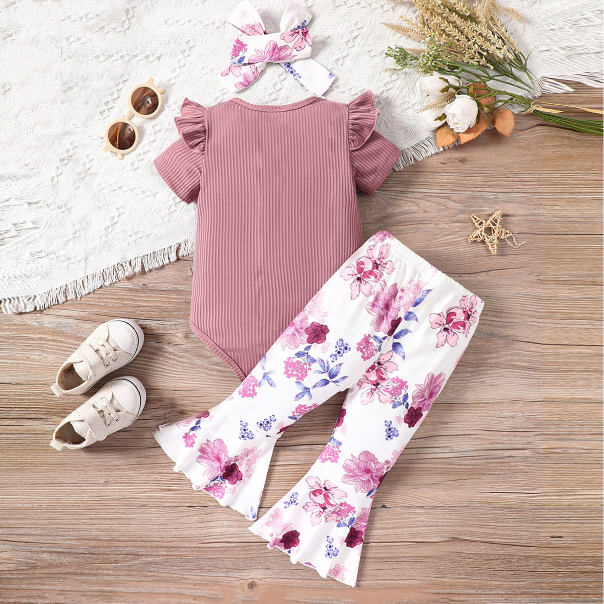 Decorative Button Ribbed Bodysuit and Printed Flare Pants Set with Headband - 3 PCS - T - 2 COLORS -