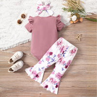 Thumbnail for Decorative Button Ribbed Bodysuit and Printed Flare Pants Set with Headband - 3 PCS - T - 2 COLORS -