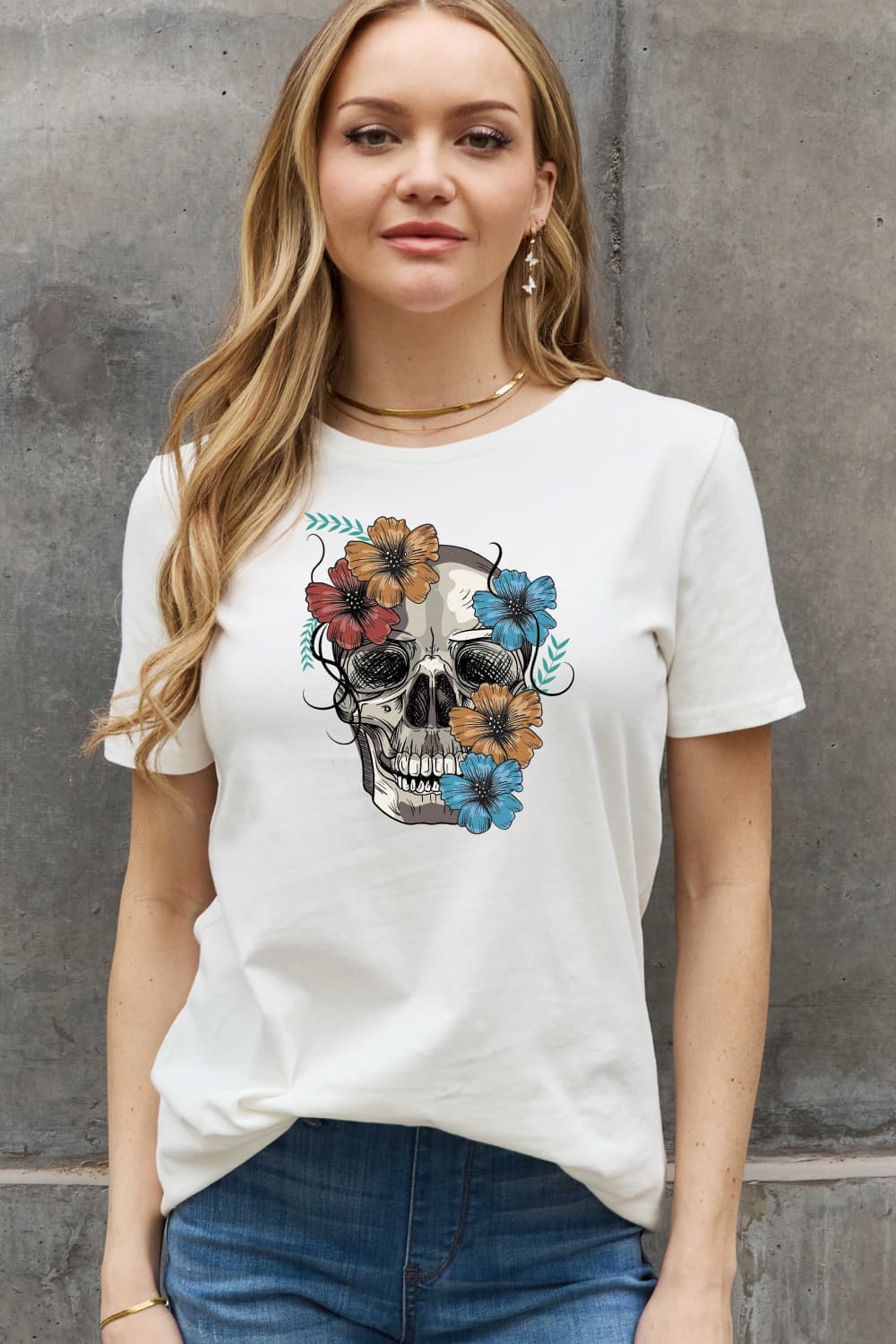 Simply Love Full Size Flower Skull Graphic Cotton Tee - T - 2 COLORS -