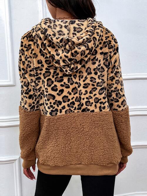 Leopard Drawstring Long Sleeve Hoodie - T - 1 COLOR -