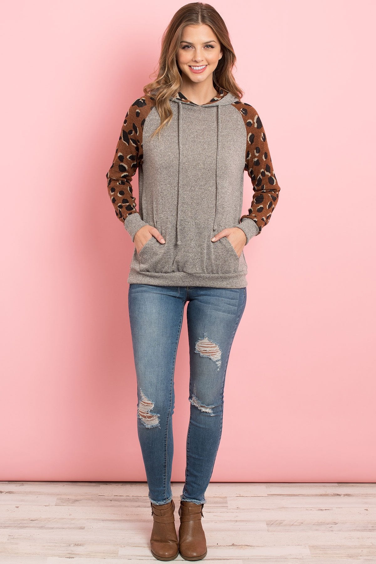 Riah Fashion - Self Tie Leopard Contrast Kangaroo Pocket Hoodie - 2 COLORS -