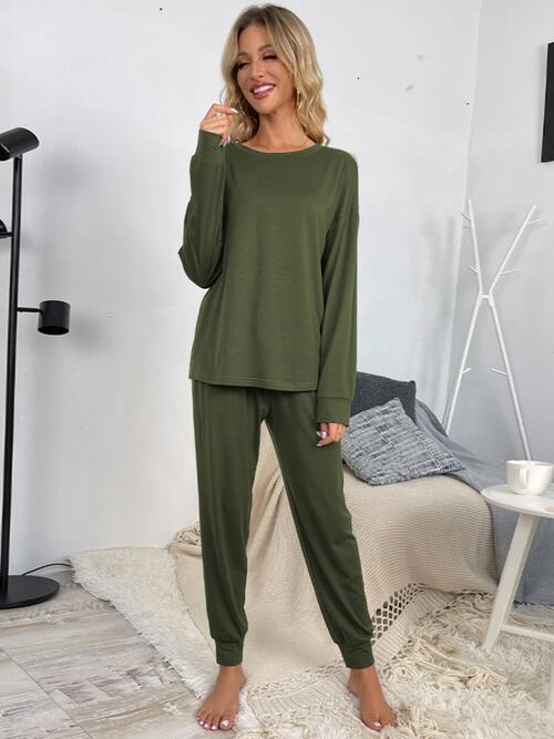 Round Neck Top and Drawstring Pants Lounge Set - 2 PCS. - T - 4 COLORS -