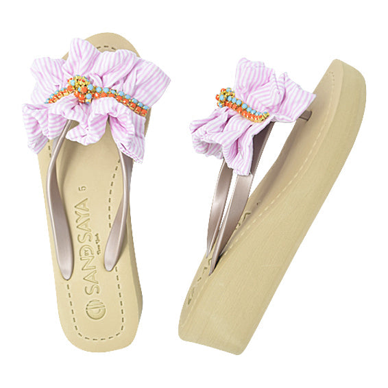 SAND BY SAYA N.Y. - Pink Hudson - Stipe Ruffle Mid Wedge Flip Flops - 2 COLORS -