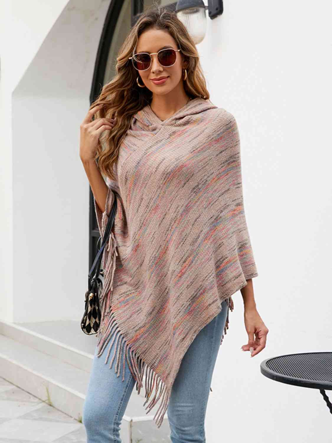 Fringe Hem Hooded Poncho - T - 5 COLORS -