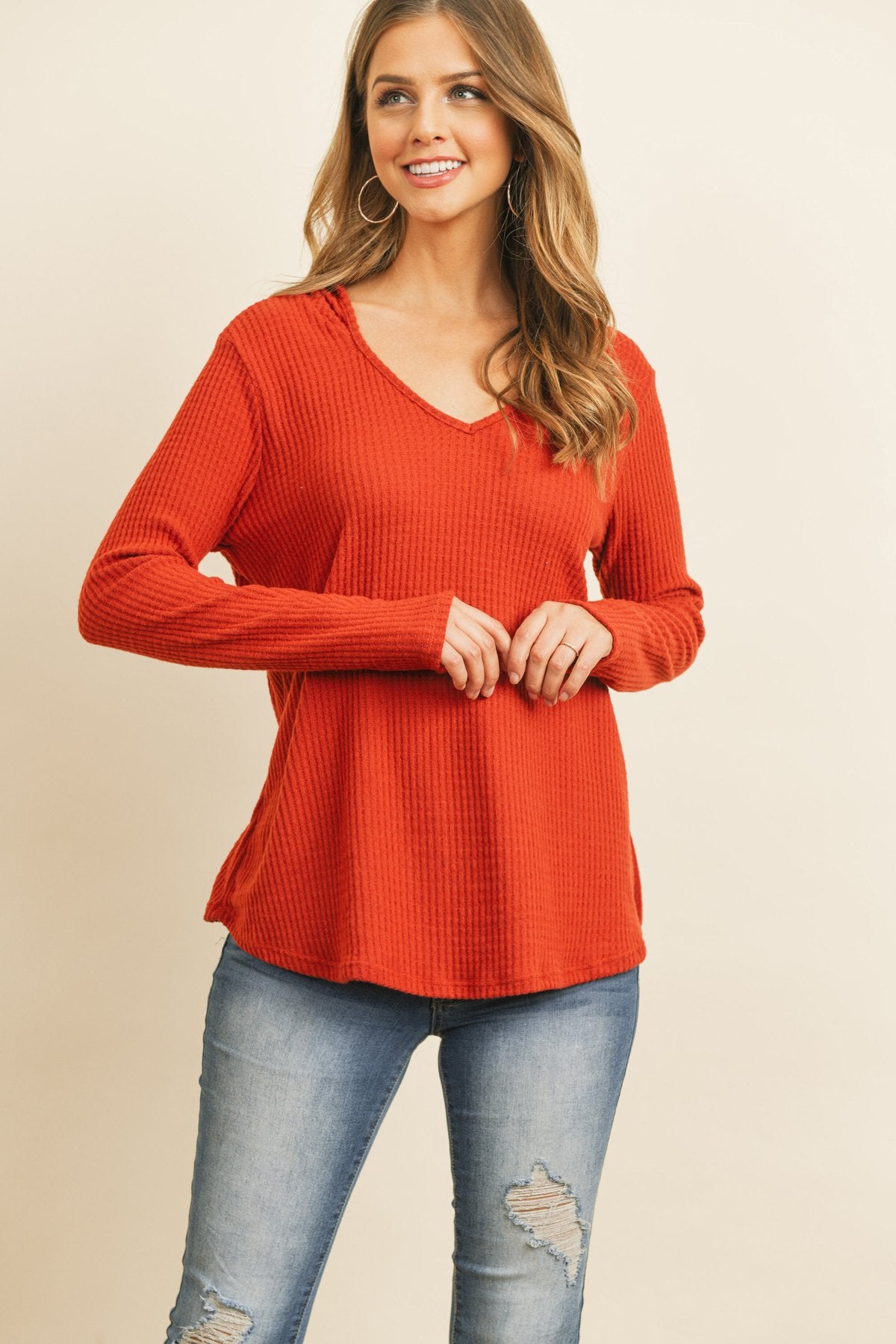 Riah Fashion - V-Neck Long Sleeved Waffle Top - 7 COLORS -