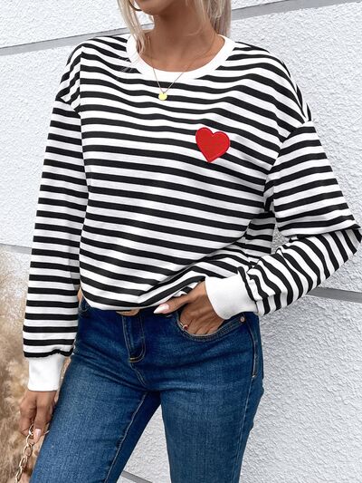 Heart Patch Striped Round Neck Long Sleeve Sweatshirt - T - 1 COLOR -