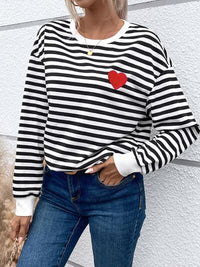 Thumbnail for Heart Patch Striped Round Neck Long Sleeve Sweatshirt - T - 1 COLOR -