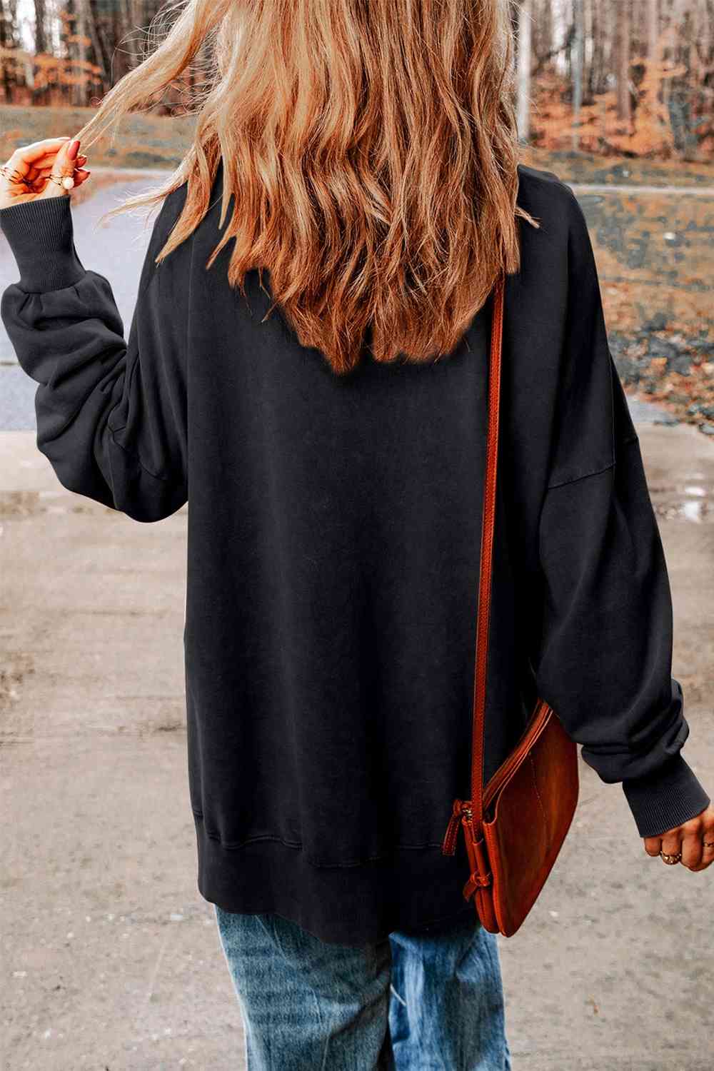 Round Neck Drop Shoulder Slit Graphic Sweatshirt - T - 1 COLOR -