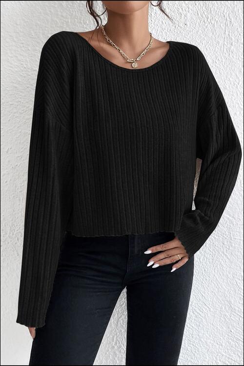 Ribbed Round Neck Drop Shoulder Long Sleeve Top - T - 2 COLORS -