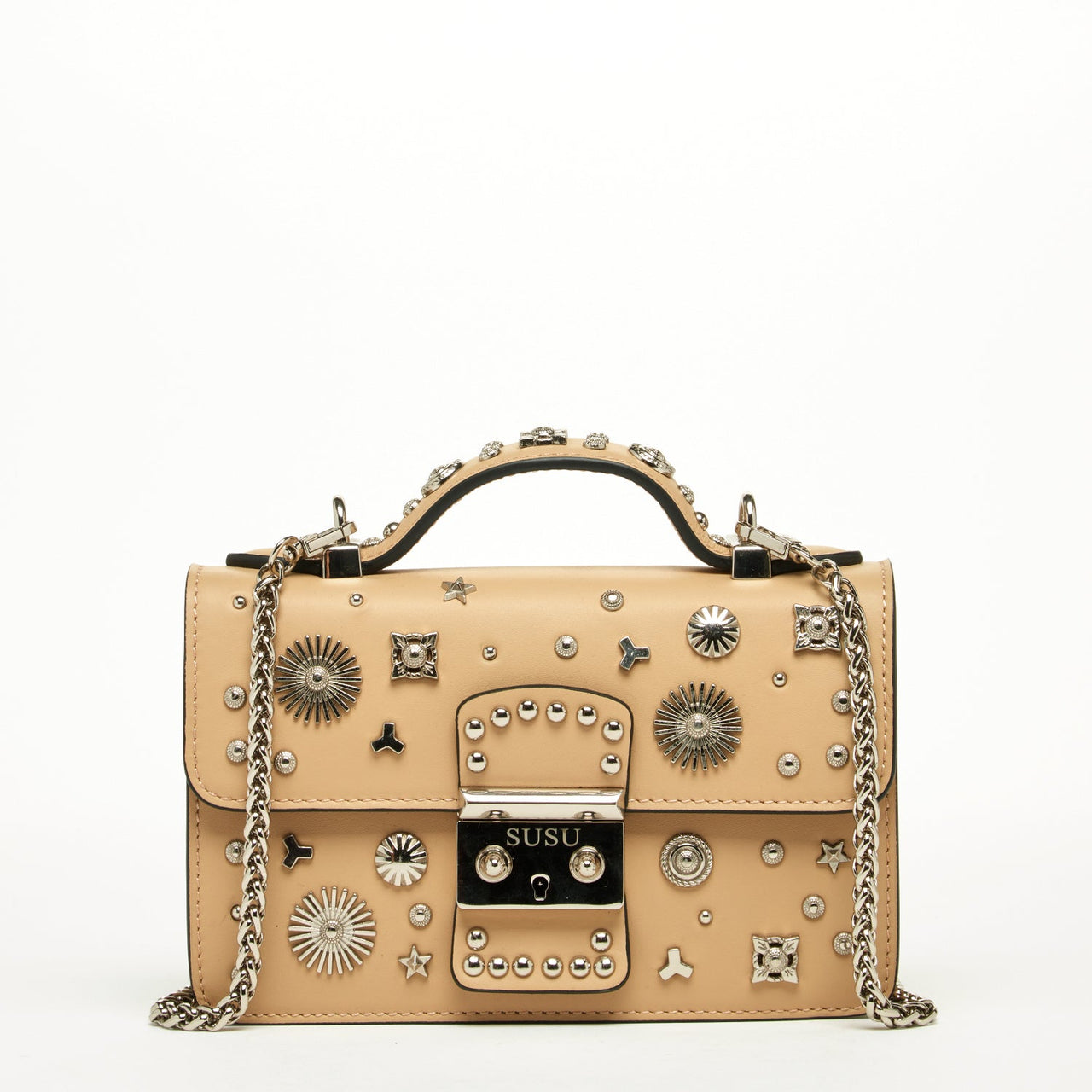 The Hollywood Leather Crossbody Studded Bag Beige -