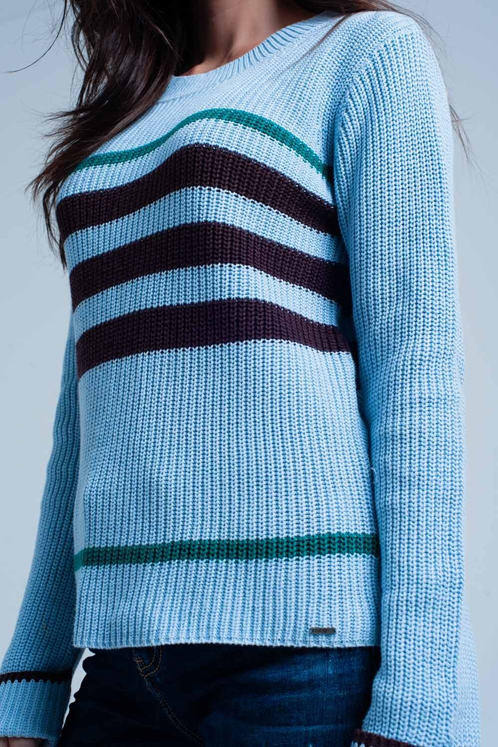 Q2 - Blue Rib Stitch Sweater With Stripes - 1 COLOR -