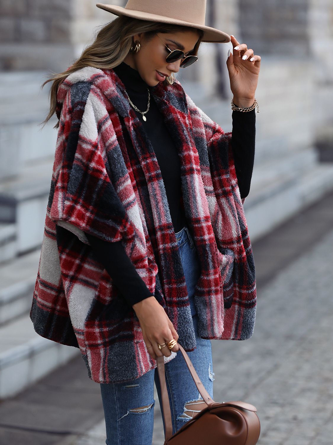 Plaid Hooded Coat with Pockets - T - 1 COLOR -