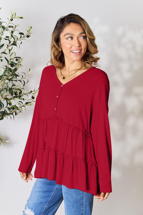 Double Take Half Button Long Sleeve Ruffle Hem Blouse - SIZES S THRU 3XL - T - 7 COLORS -