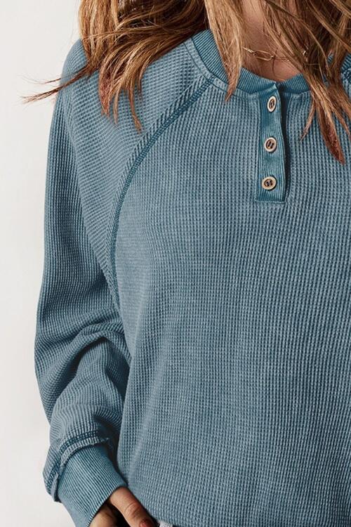 Half Button Round Neck Long Sleeve Sweatshirt - T - 2 COLORS -