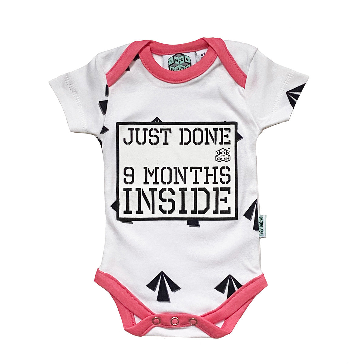 New Born Gift Just Done 9 Months Inside® Arrows Newborn Vest With Pink Trim by Lazy Baby® -