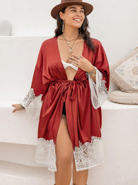 Thumbnail for Plus Size Lace Patchwork Tie Front Robe - XL THRU 3XL - T - 1 COLOR -