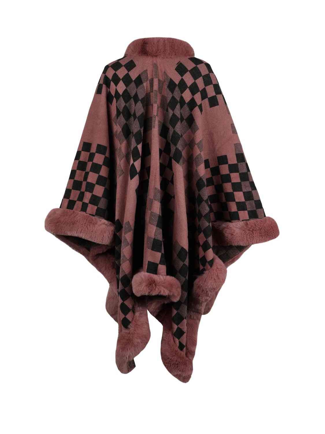 Checkered Faux Fur Trim Poncho - T - 5 COLORS -