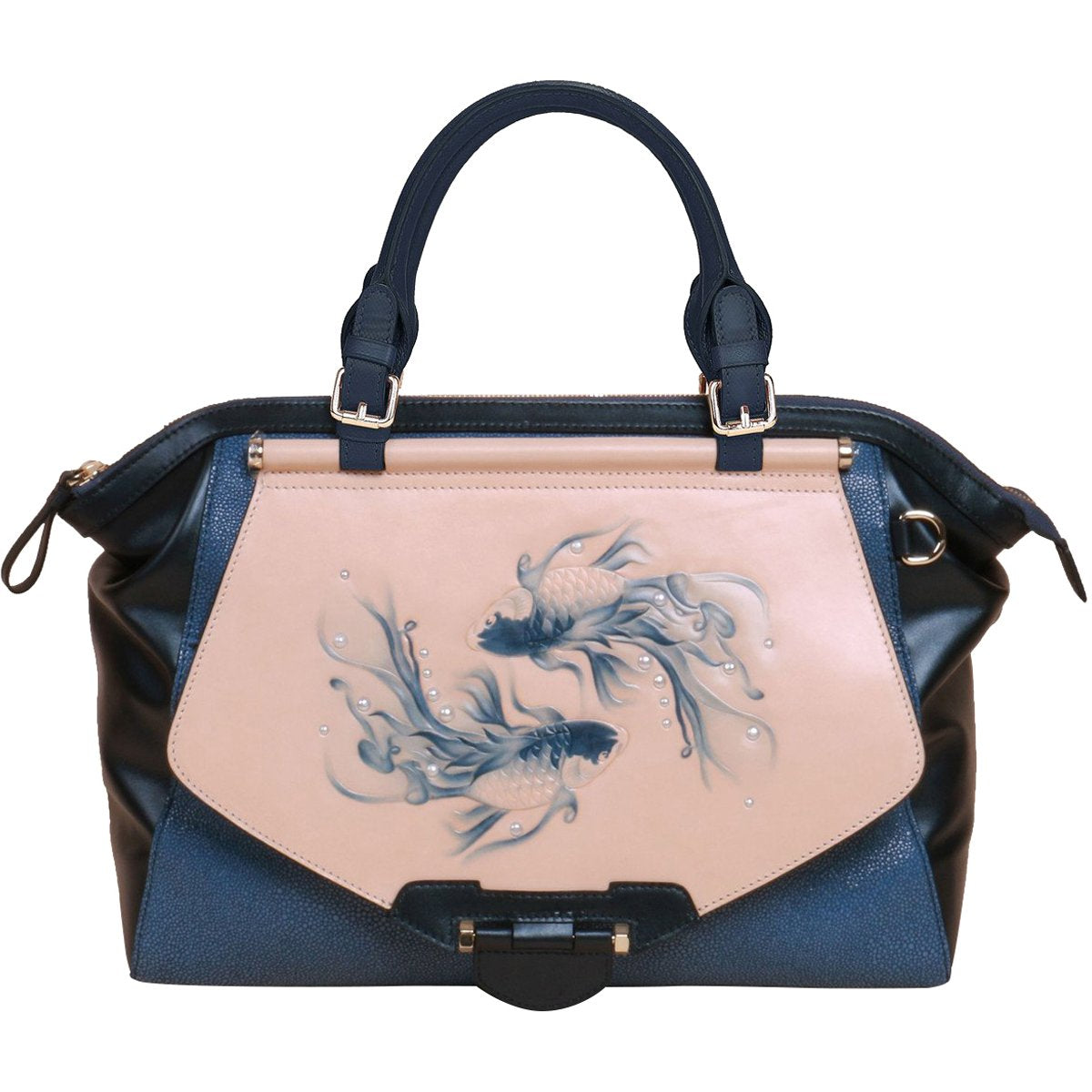 Bellorita - Koi Large Blue Satchel - Hand Carved and Painted - 1 COLOR -