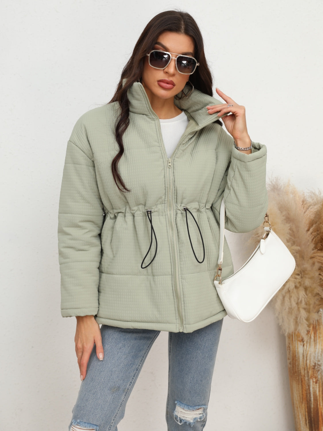 Drawstring Waist Zip-Up Puffer Jacket - T - 1 COLOR -