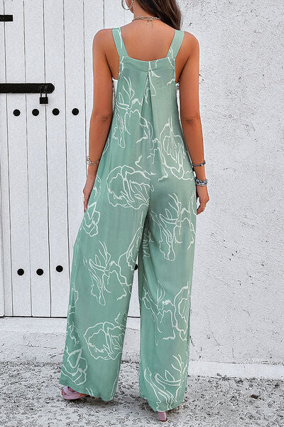 Printed Wide Strap Jumpsuit with Pockets - T - 4 COLORS -