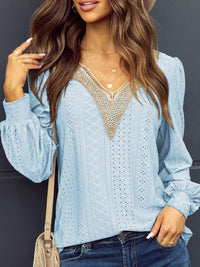 Thumbnail for Eyelet V-Neck Long Sleeve Blouse - T - 7 COLORS -