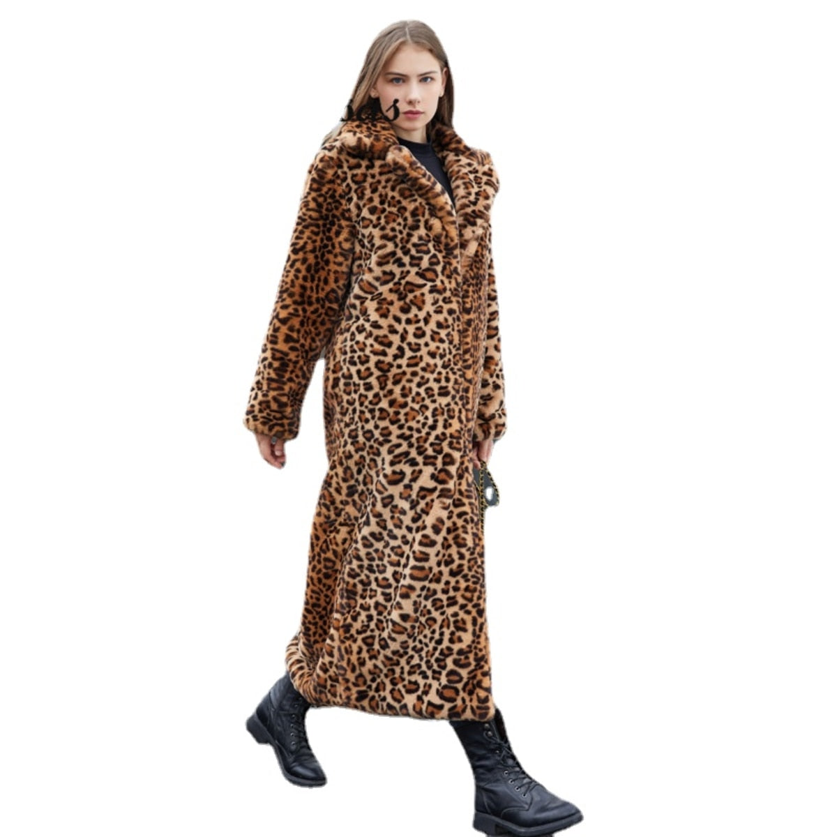 Sharon Tatem - Faux Fur - Leopard Print - Rabbit Tailored Collar - Warm Thick X-Long Coat Long Sleeve Jacket -