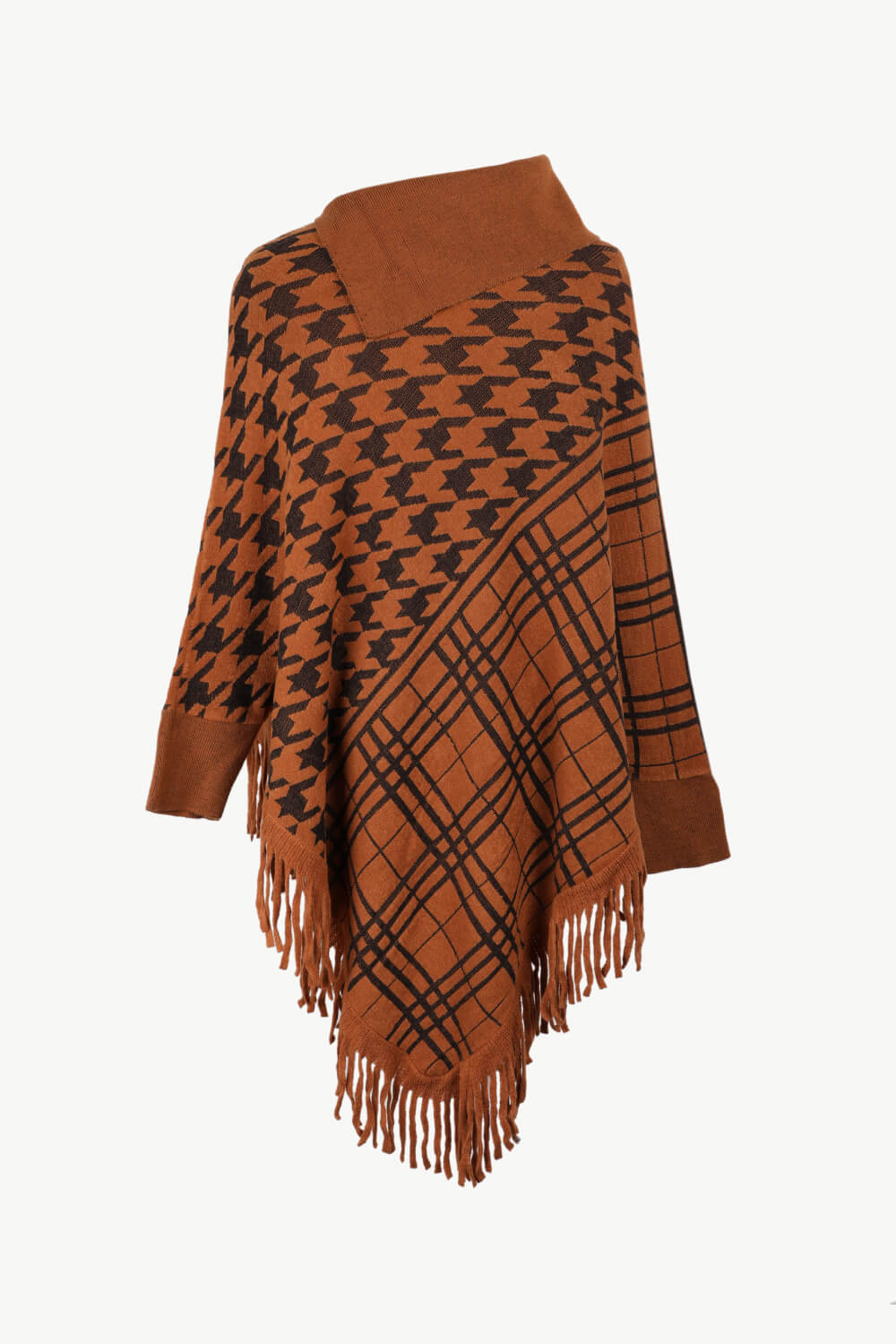 Houndstooth Turtleneck Fringe Hem Poncho - T - 5 COLORS -