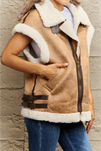 Thumbnail for Collared Zip-Up Suede Sherpa Vest - T - 3 COLORS -