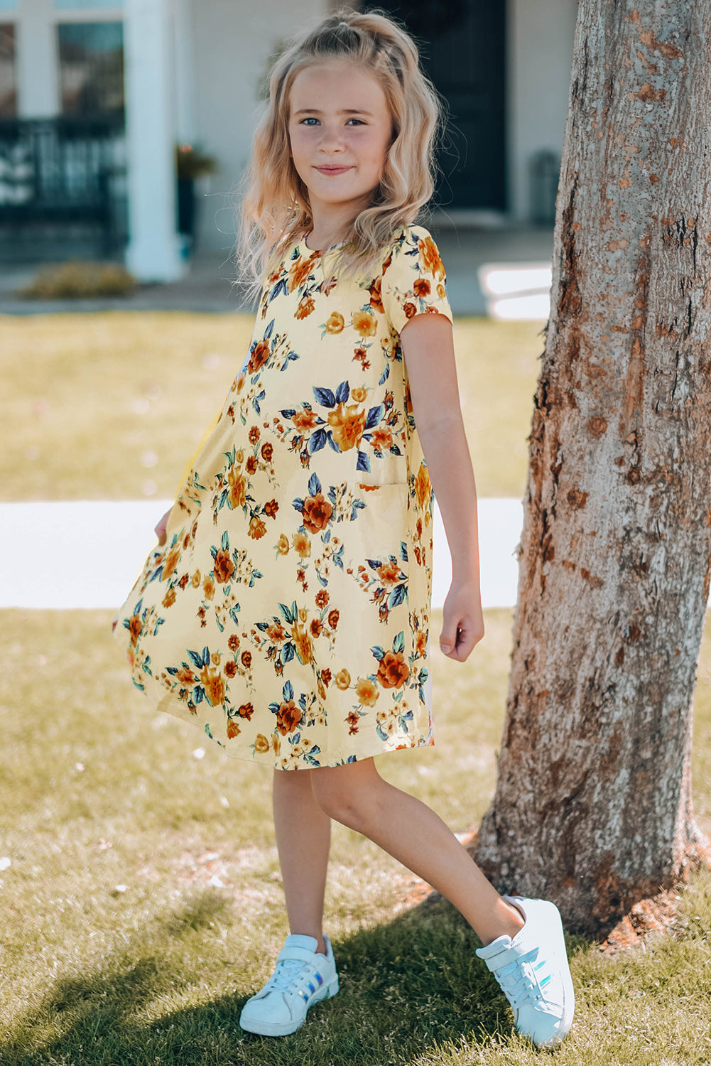 Girls Floral Round Neck Short Sleeve Dress with Pockets - T - 4 SIZES - 2 COLORS -