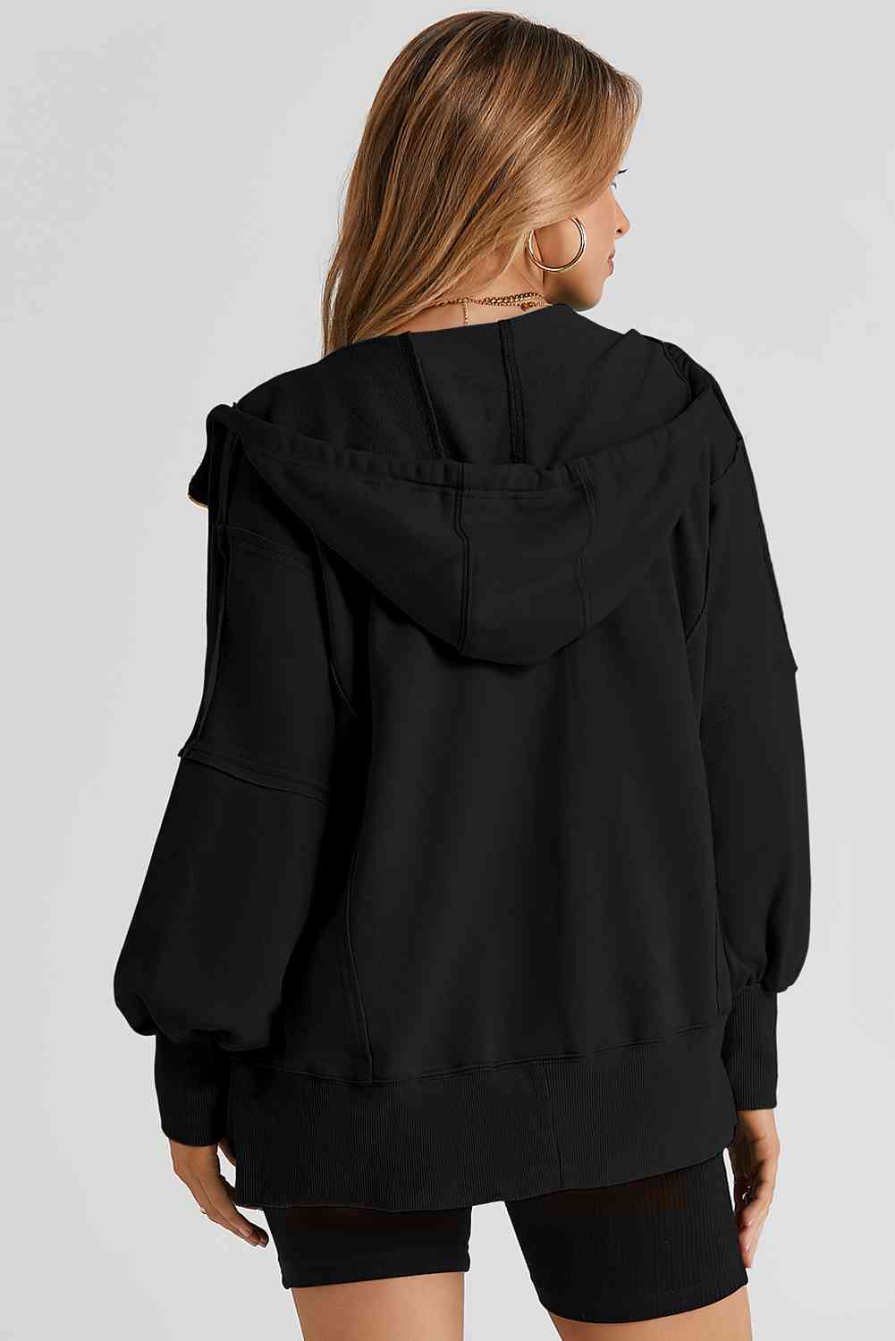 Zip Up Long Sleeve Drawstring Hoodie - T - 3 COLORS -