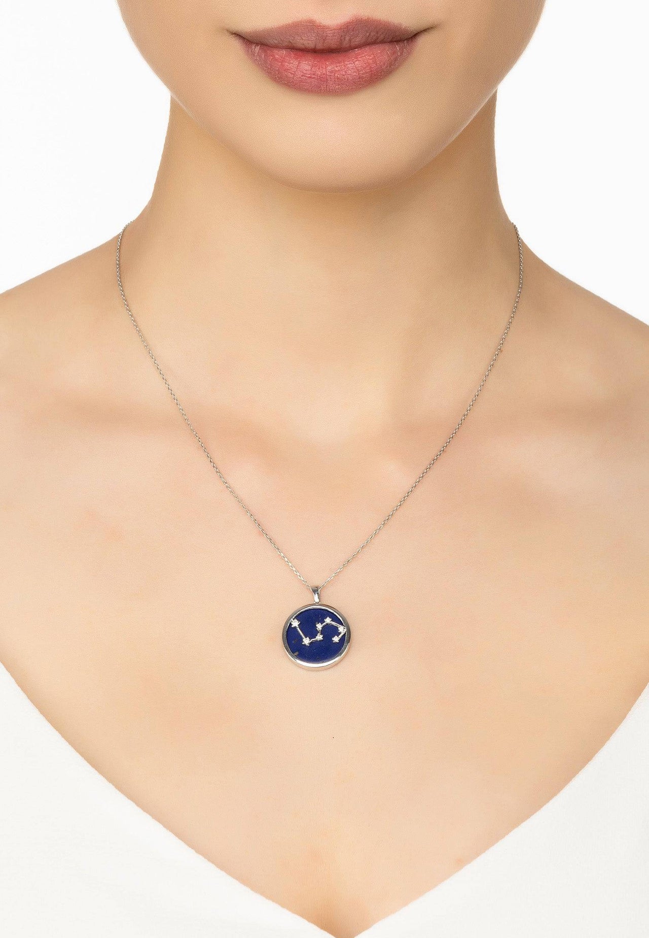 Zodiac Lapis Lazuli Gemstone Star Constellation Pendant Necklace Silver Leo -