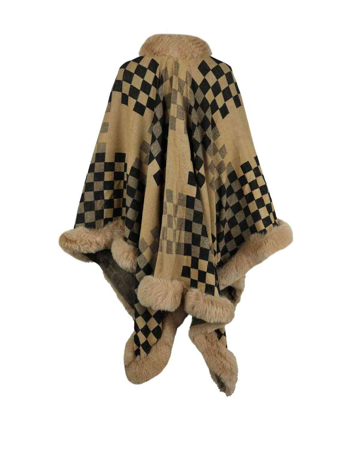 Checkered Faux Fur Trim Poncho - T - 5 COLORS -