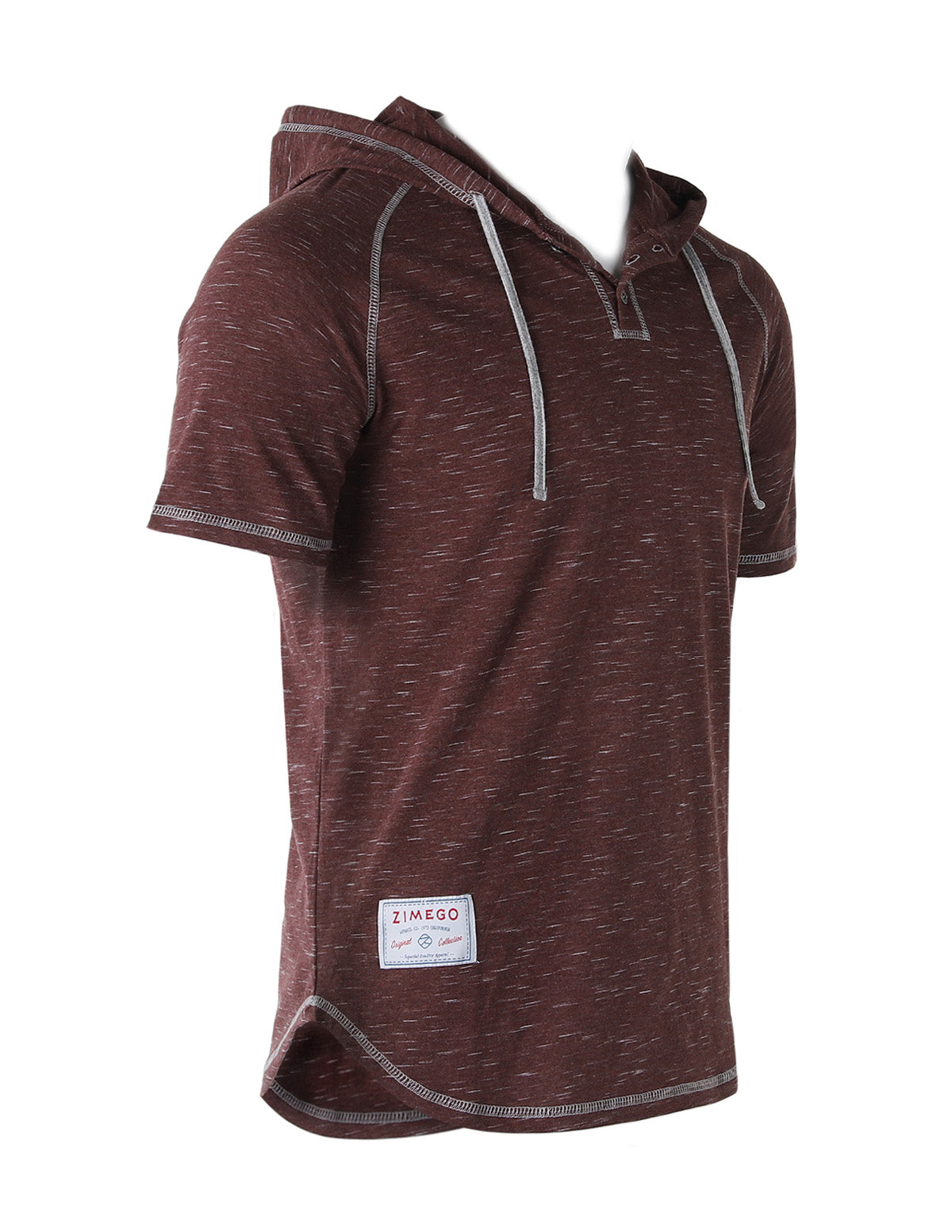 Short Sleeve Raglan Henley Hoodie Round Bottom Semi Longline T-Shirt - 1 COLOR