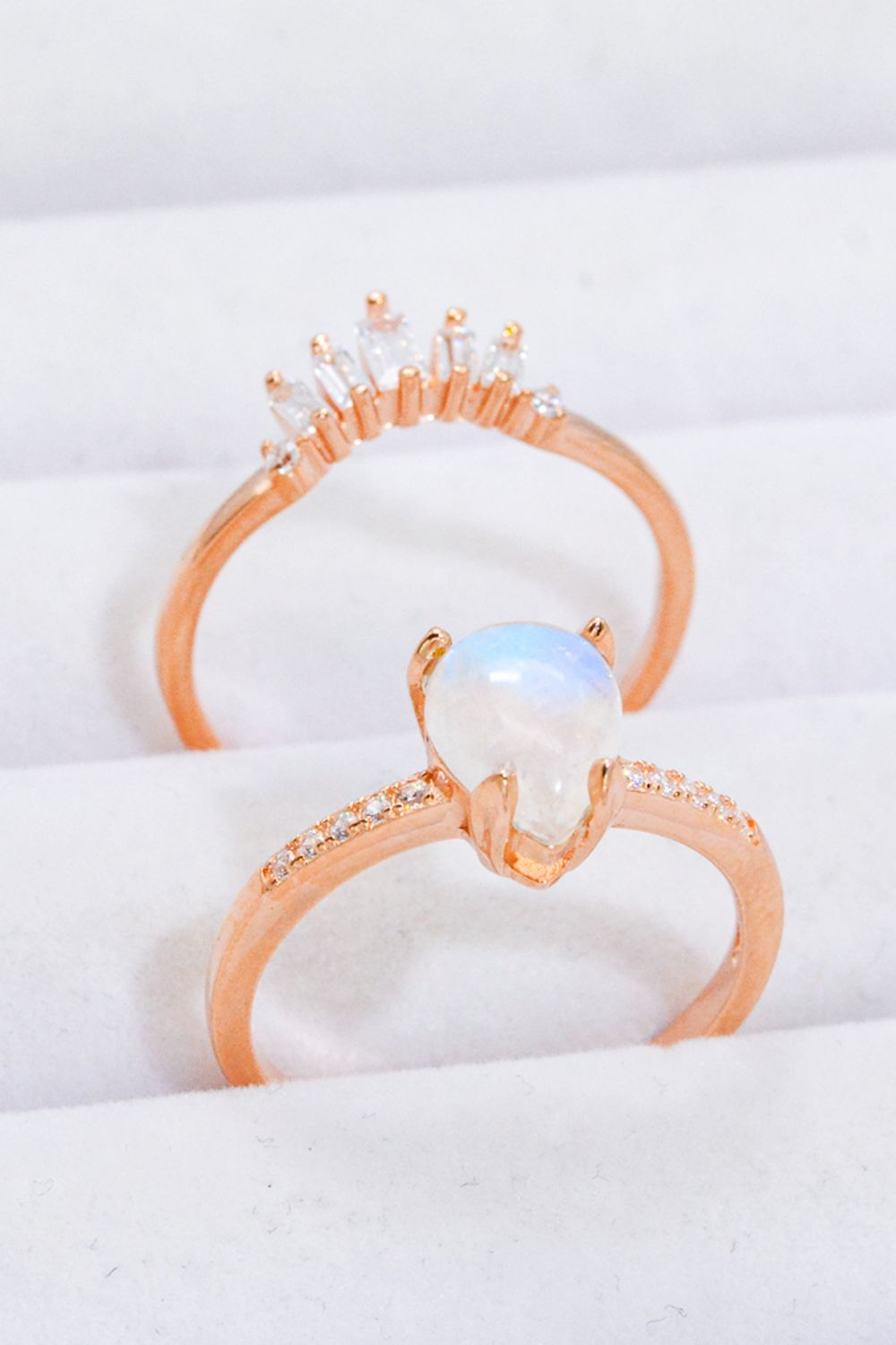 Natural Moonstone and Zircon 18K Rose Gold-Plated Two-Piece Ring Set - T - SIZES 6 THRU 9 - 1 FINISH -