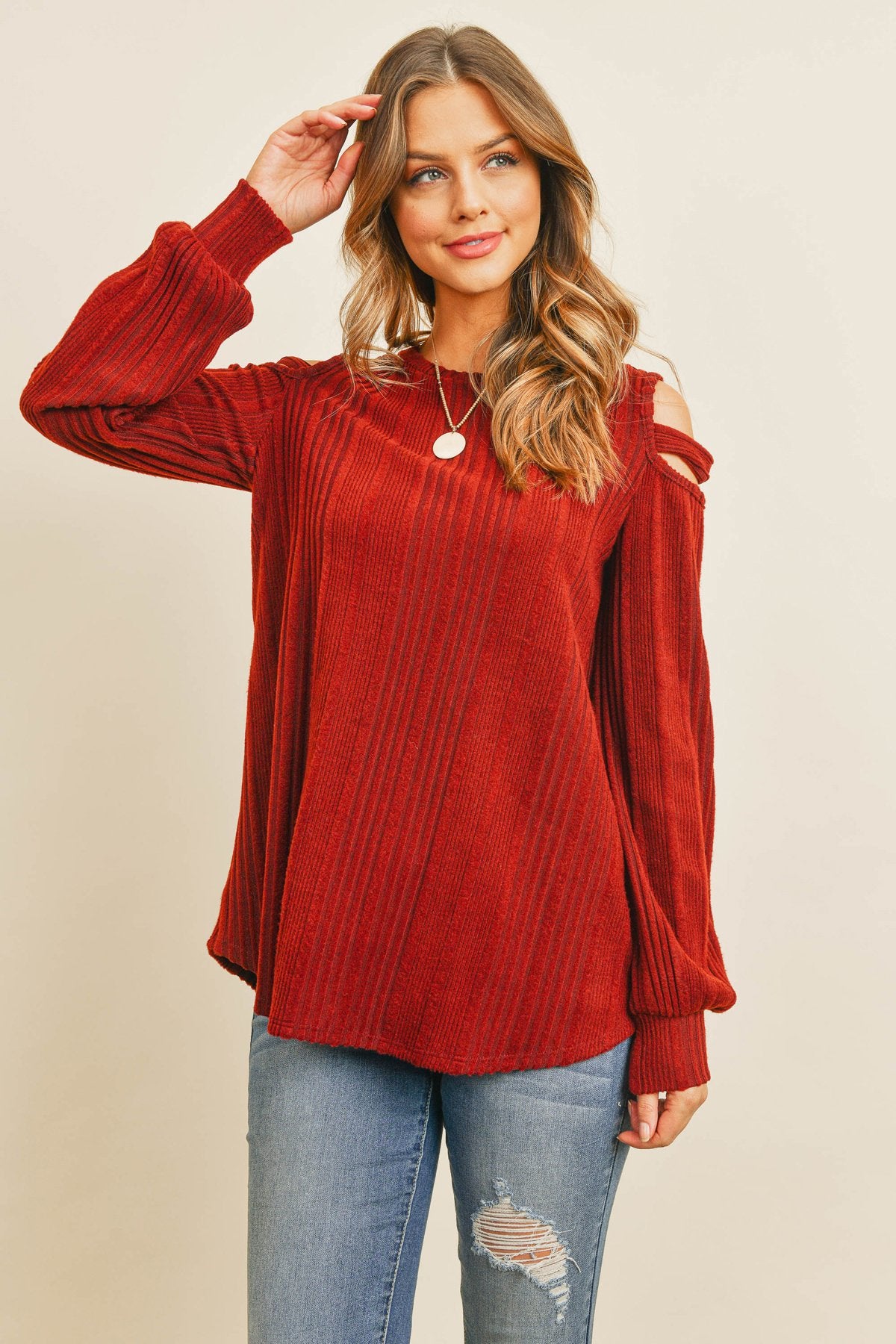 Riah Fashion - Ladder Open Shoulder Long Sleeved Rib Detail Top - 4 COLORS -