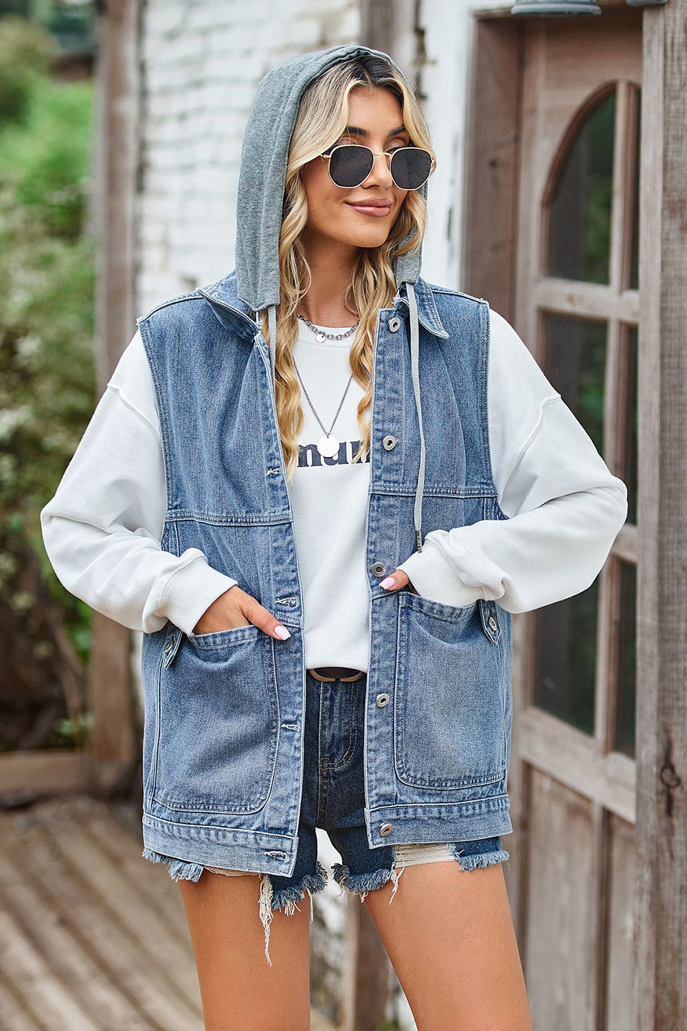 Sleeveless Hooded Denim Jacket with Pockets - T - 1 COLOR -