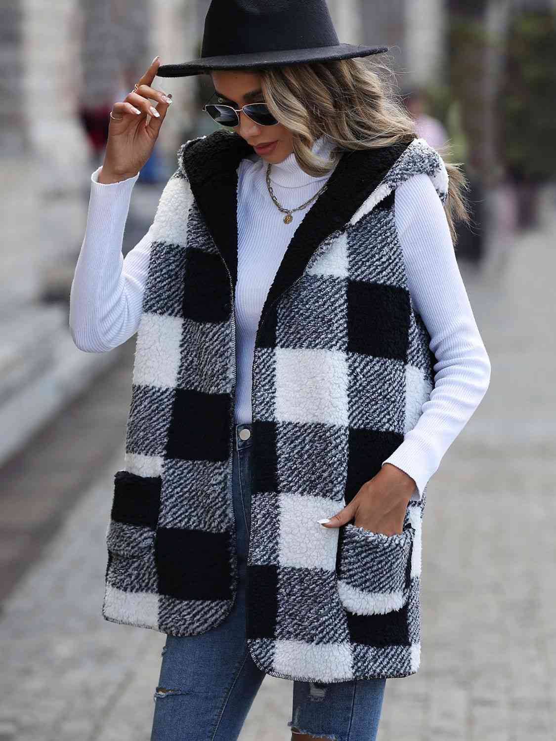 Plaid Hooded Vest with Pockets - T - 1 COLOR -