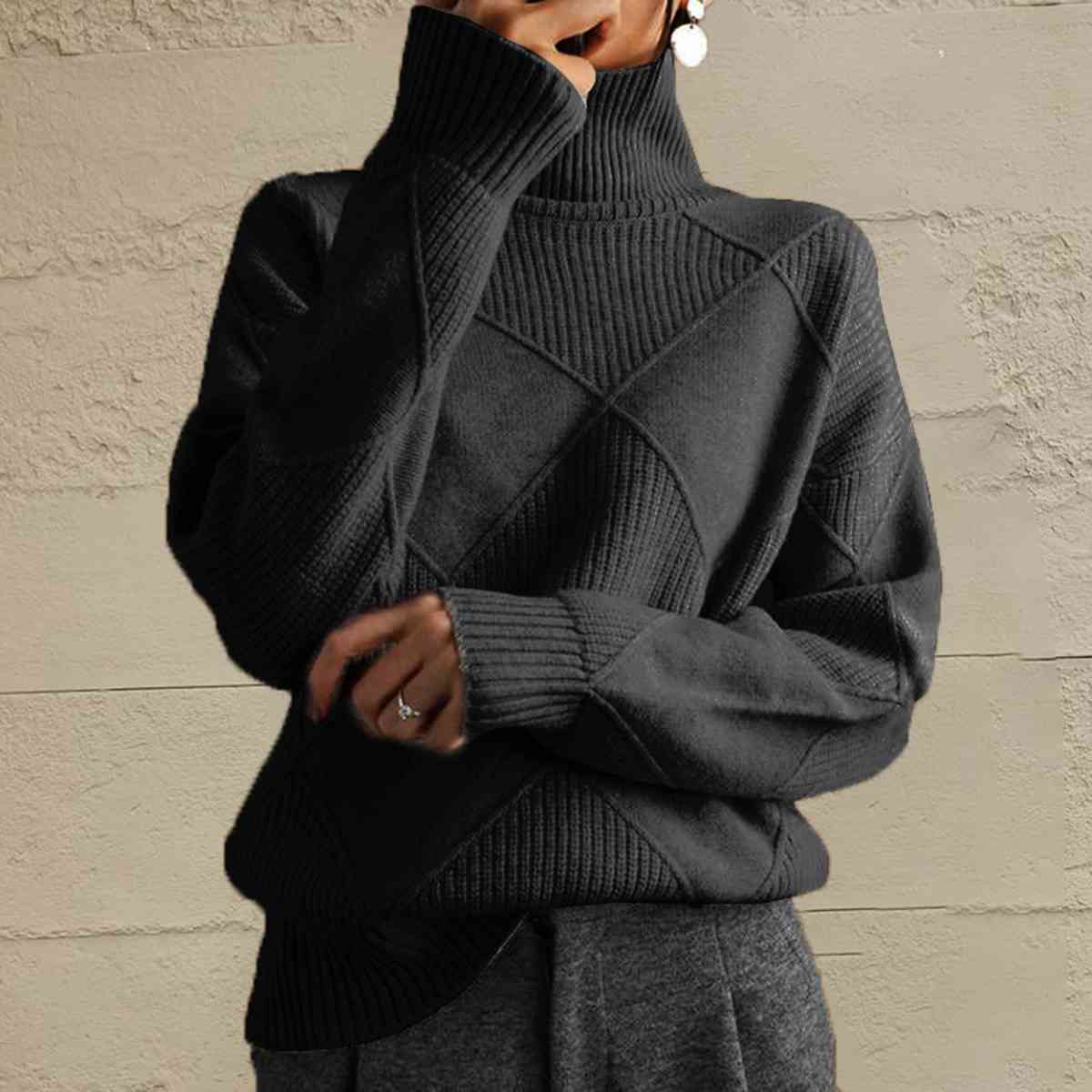 Geometric Turtleneck Long Sleeve Sweater - T - 8 COLORS -