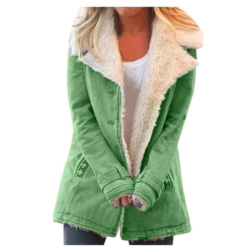 Autumn and winter solid color plush lapel mid-length coat - K - 9 COLORS -