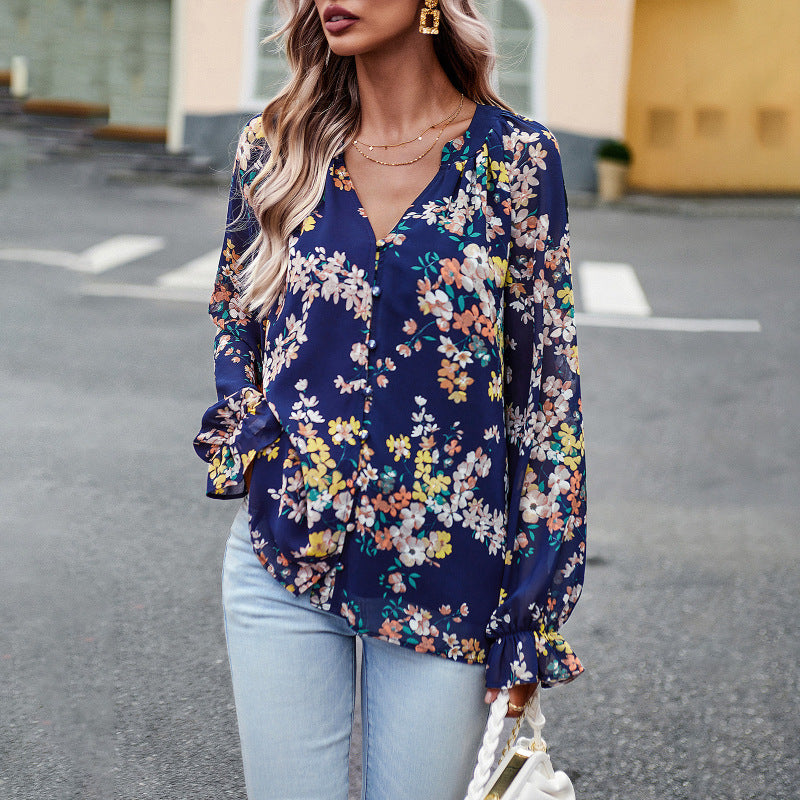 Elegant floral print shirt with V-neck buttons blouse - K - 4 COLORS -